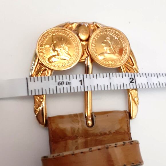 Vintage 80s Reptile Croco Belt Carmel Genuine Leather Gold Coin Buckle Sz L - Picture 9 of 11